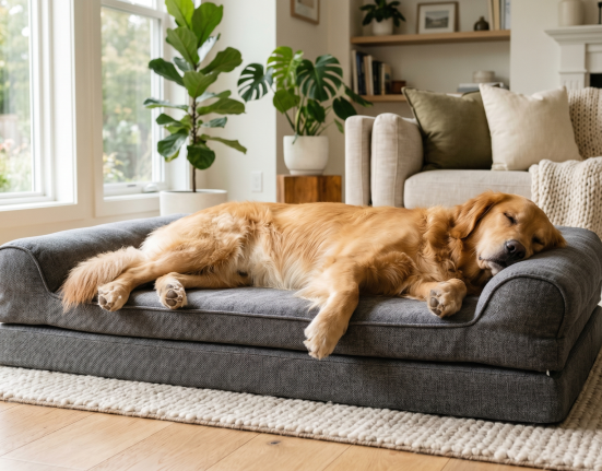 A large Golden Retriever sleeping peacefully on a plush, grey orthopedic dog bed in a bright, modern living room with natural sunlight, indoor plants, and cozy decor.