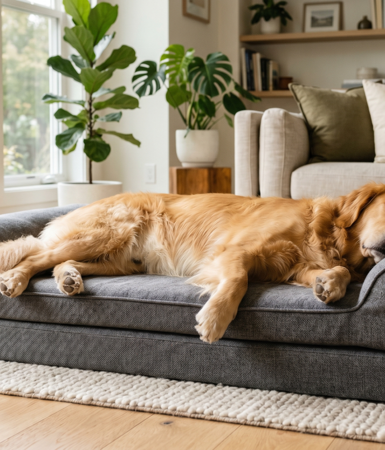A large Golden Retriever sleeping peacefully on a plush, grey orthopedic dog bed in a bright, modern living room with natural sunlight, indoor plants, and cozy decor.