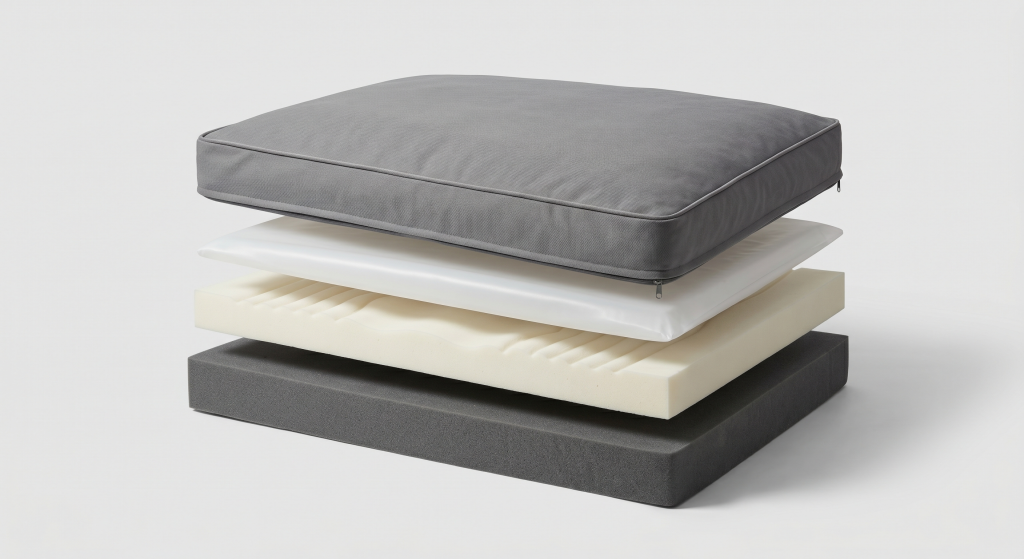 An exploded cross-section view of a premium orthopedic dog bed, displaying its four distinct layers: a dense foam base, a contoured orthopedic foam layer, a white waterproof inner liner, and a grey washable outer cover.