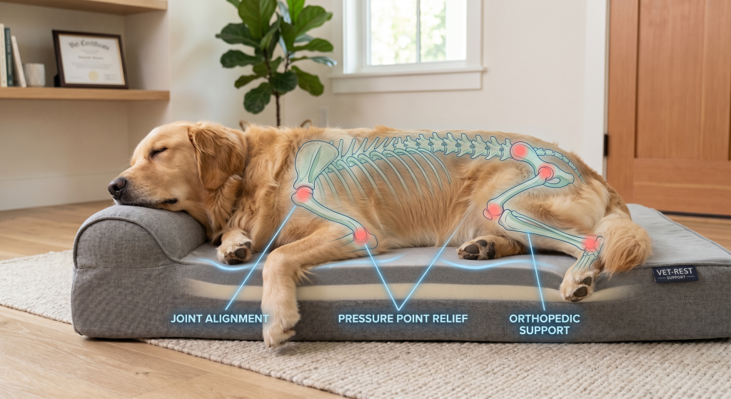 A Golden Retriever sleeping on a thick orthopedic dog bed, featuring a graphic overlay showing the dog's skeletal structure to highlight joint alignment, pressure point relief, and orthopedic support.