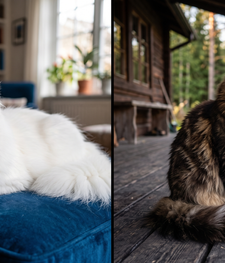 A side-by-side comparison of a fluffy white Persian cat and a large brown Maine Coon, highlighting the Persian vs Maine Coon differences in appearance and lifestyle.