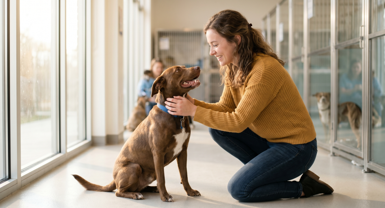 A smiling woman gently petting a brown rescue dog inside a bright animal shelter.