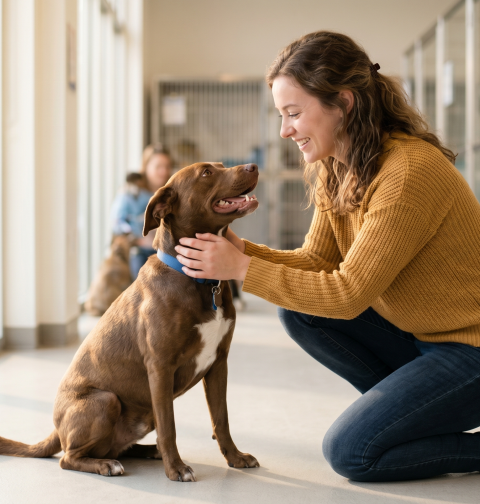 A smiling woman gently petting a brown rescue dog inside a bright animal shelter.