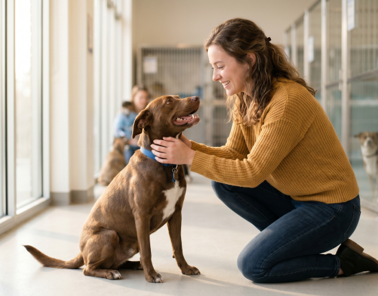 A smiling woman gently petting a brown rescue dog inside a bright animal shelter.