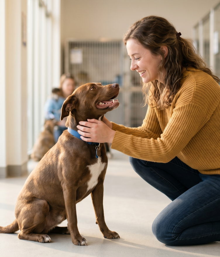 A smiling woman gently petting a brown rescue dog inside a bright animal shelter.