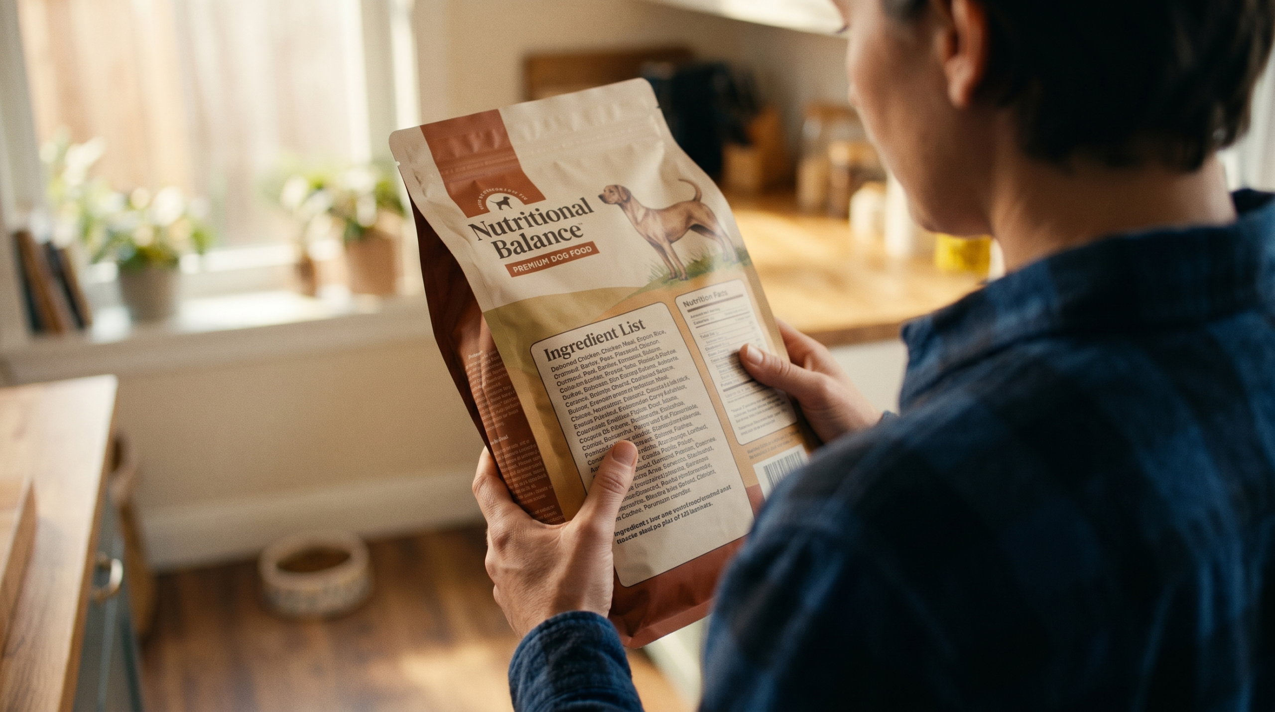 A close up of a hand reading a dog food label to decide between a grain-free vs. grain-inclusive diet.