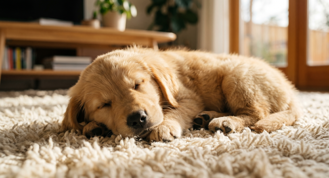 An 8-week-old Golden Retriever puppy sleeping peacefully on a fluffy rug.