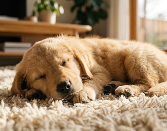 An 8-week-old Golden Retriever puppy sleeping peacefully on a fluffy rug.