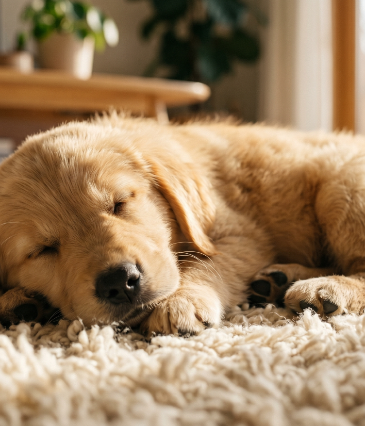 An 8-week-old Golden Retriever puppy sleeping peacefully on a fluffy rug.