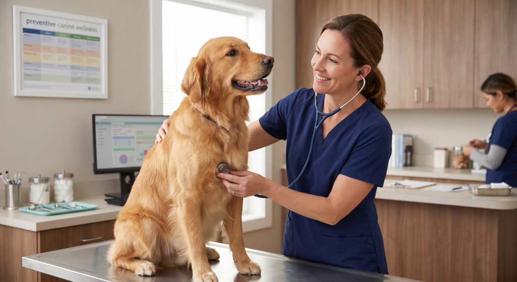 A female veterinarian in blue scrubs smiling while using a stethoscope to listen to a Golden Retriever's heart during an exam.