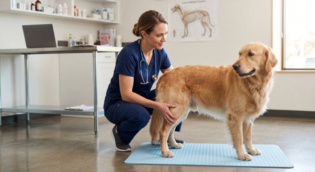 A female veterinarian in blue scrubs crouches down to gently examine the back leg of a calm Golden Retriever inside a veterinary exam room.