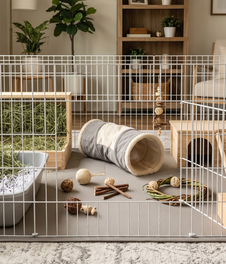 A clean and organized indoor rabbit enclosure setup within a white metal playpen on a grey mat, showcasing items from a new rabbit checklist including a litter box with hay, a tunnel, a wooden hideout, and food bowls in a bright living room.