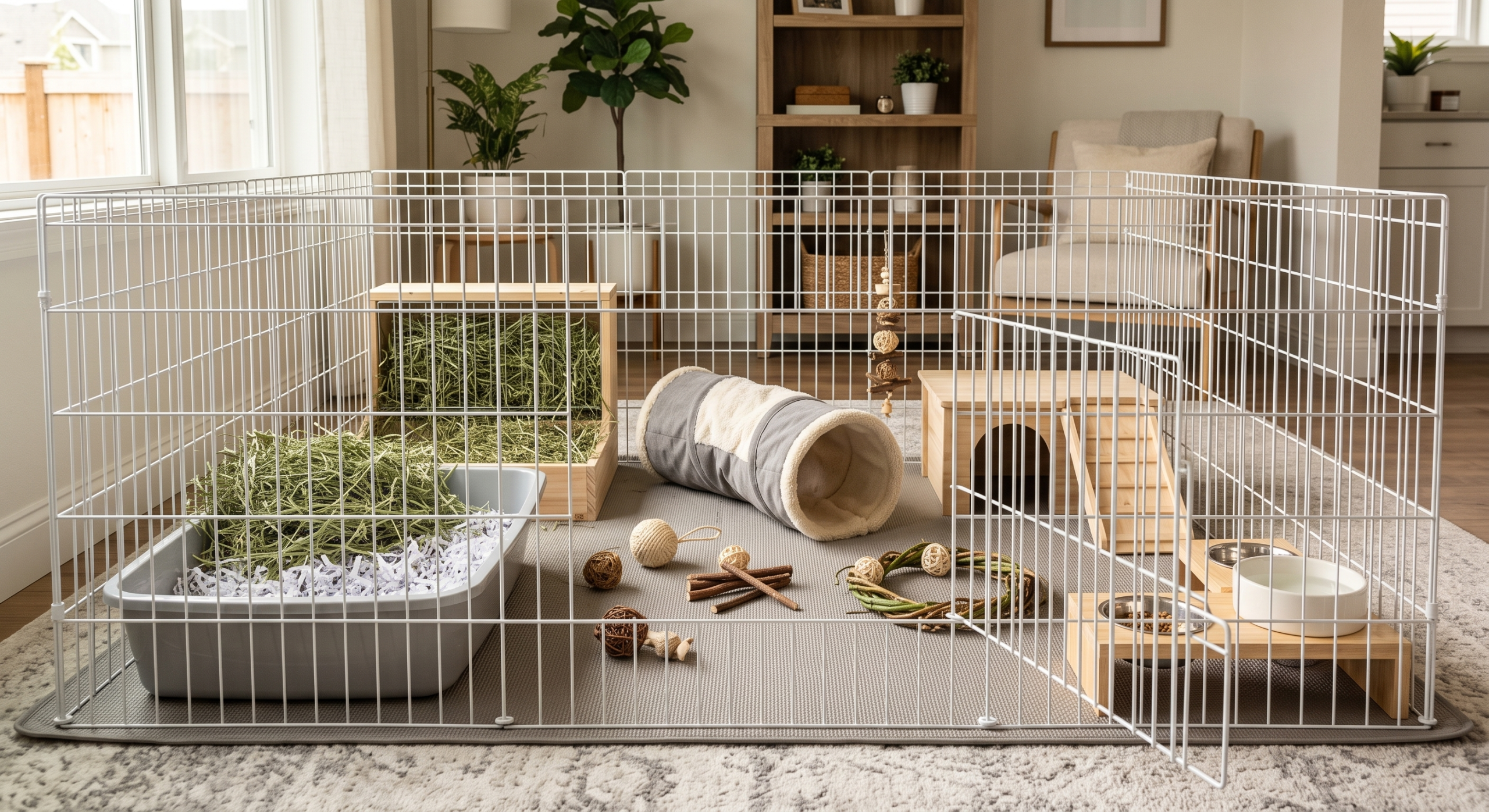 A clean and organized indoor rabbit enclosure setup within a white metal playpen on a grey mat, showcasing items from a new rabbit checklist including a litter box with hay, a tunnel, a wooden hideout, and food bowls in a bright living room.