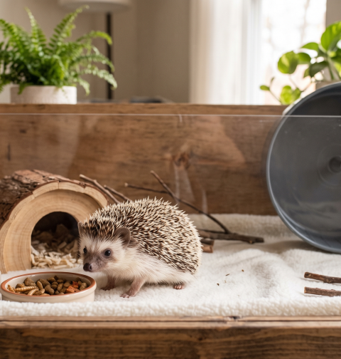 A view inside a meticulously clean wooden-framed hedgehog habitat vivarium, with an African Pygmy Hedgehog contentedly eating from a ceramic bowl, demonstrating the detailed care and dedicated environment needed when considering Are Hedgehogs Good Pets.