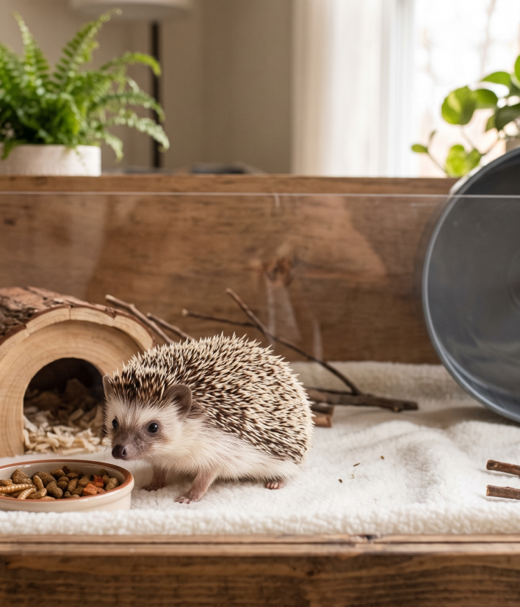 A view inside a meticulously clean wooden-framed hedgehog habitat vivarium, with an African Pygmy Hedgehog contentedly eating from a ceramic bowl, demonstrating the detailed care and dedicated environment needed when considering Are Hedgehogs Good Pets.
