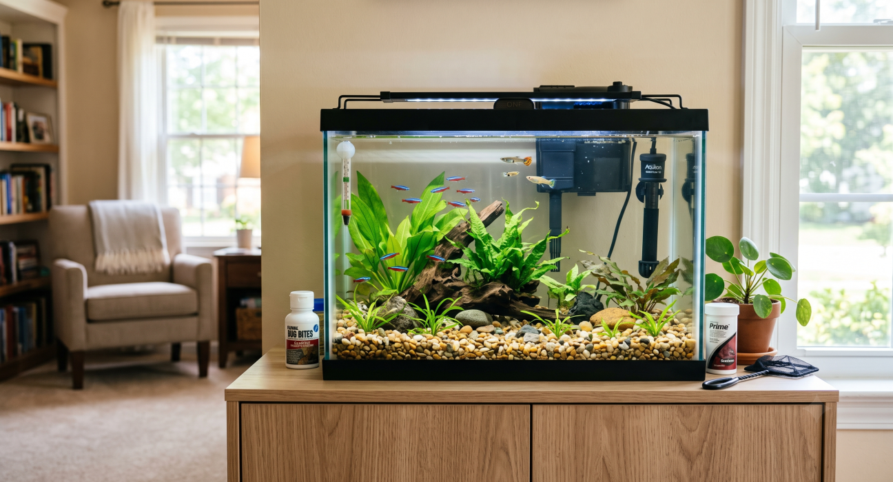 A detailed close-up of a beautifully aquascaped planted freshwater fish tank in a home setting, demonstrating how to set up a healthy fish tank with various community fish like neon tetras and angelfish, live aquatic plants, and essential equipment like a filter and heater.
