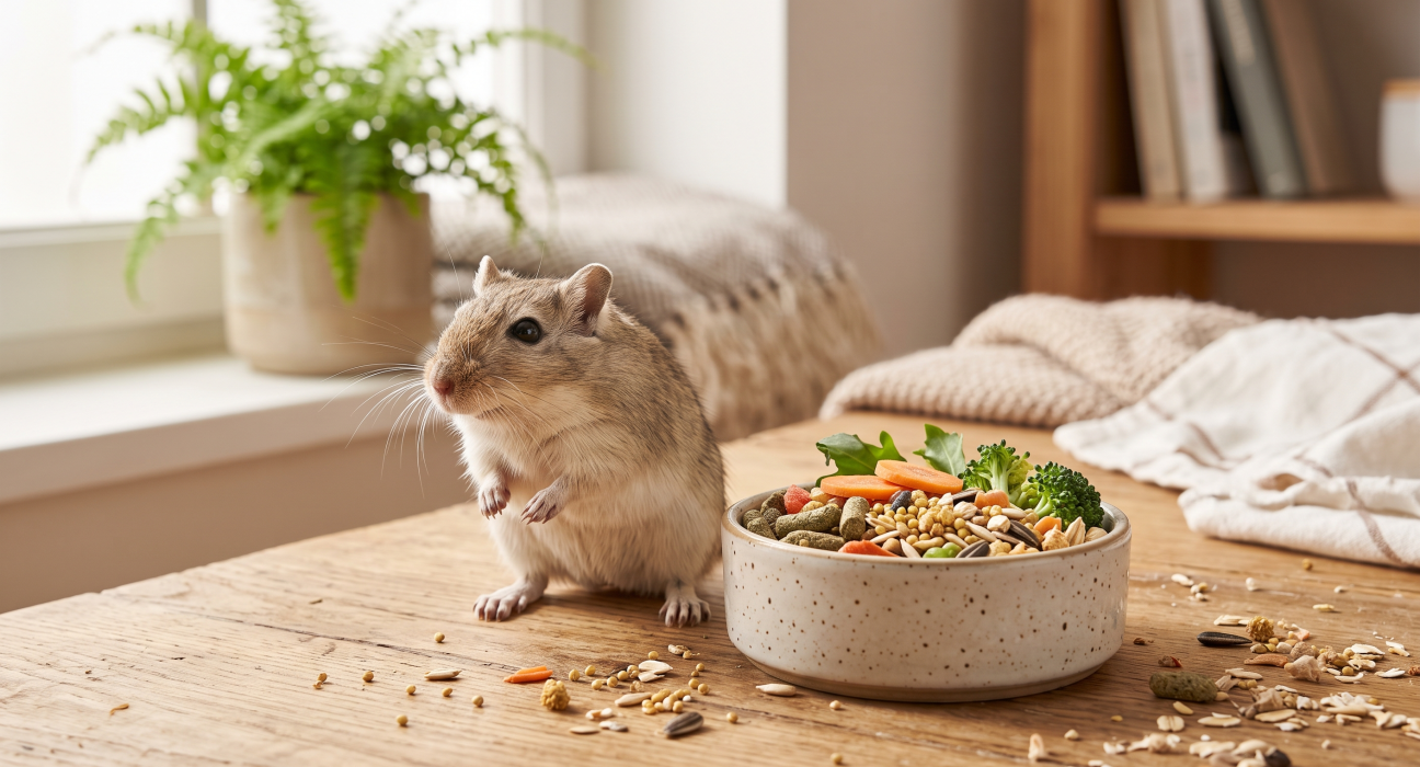 A realistic photograph of a light brown tricolor gerbil standing on a wooden surface next to a speckled ceramic bowl. The bowl is neatly filled with species-appropriate gerbil food, including pellets, seeds, broccoli florets, and carrot slices, demonstrating how to prepare a diverse meal for feeding your gerbil.