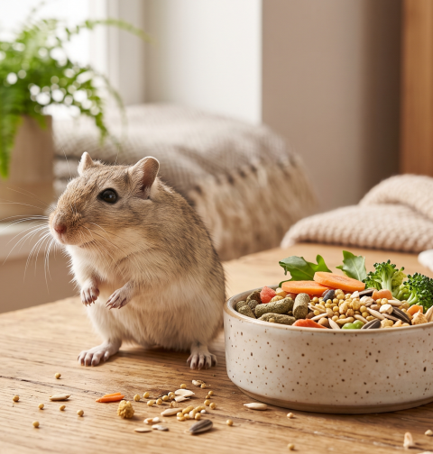 A realistic photograph of a light brown tricolor gerbil standing on a wooden surface next to a speckled ceramic bowl. The bowl is neatly filled with species-appropriate gerbil food, including pellets, seeds, broccoli florets, and carrot slices, demonstrating how to prepare a diverse meal for feeding your gerbil.