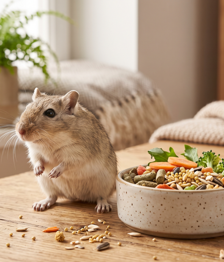 A realistic photograph of a light brown tricolor gerbil standing on a wooden surface next to a speckled ceramic bowl. The bowl is neatly filled with species-appropriate gerbil food, including pellets, seeds, broccoli florets, and carrot slices, demonstrating how to prepare a diverse meal for feeding your gerbil.