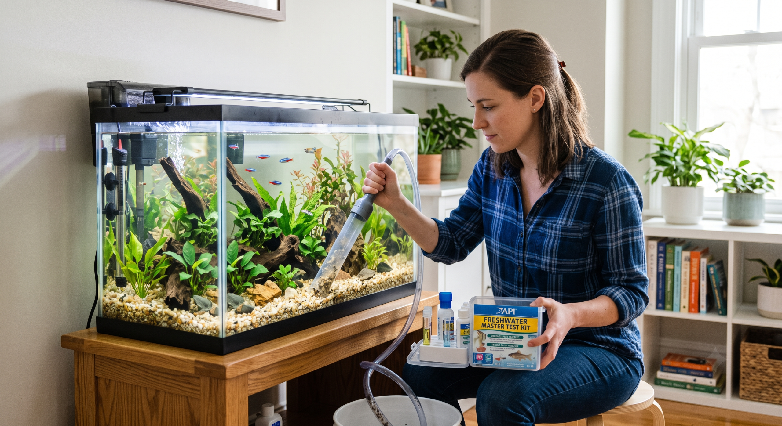 Maintaining a healthy fish tank with regular cleaning and water testing.