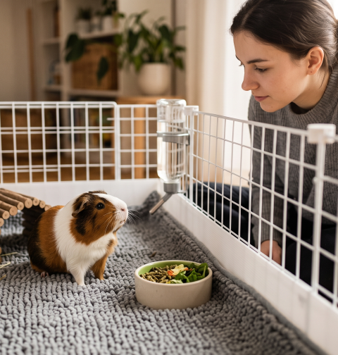 A tricolor guinea pig stands alert in its large cage setup with grey bedding, a person watches from outside, illustrating the careful observation needed to prevent a Guinea Pig Health Warning.
