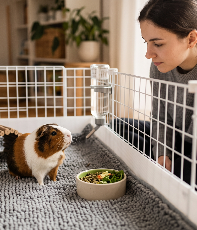 A tricolor guinea pig stands alert in its large cage setup with grey bedding, a person watches from outside, illustrating the careful observation needed to prevent a Guinea Pig Health Warning.