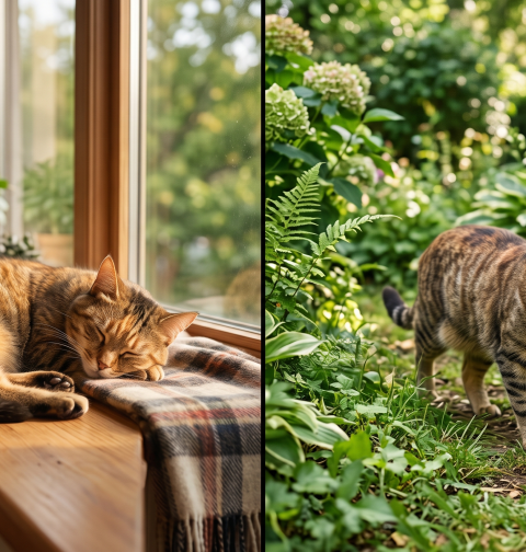 A split-screen comparison of indoor vs outdoor cats, showing a tabby sleeping peacefully on an indoor windowsill on the left and prowling through a lush garden on the right.