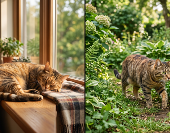 A split-screen comparison of indoor vs outdoor cats, showing a tabby sleeping peacefully on an indoor windowsill on the left and prowling through a lush garden on the right.