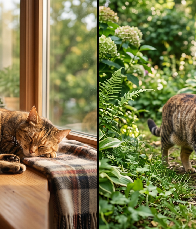 A split-screen comparison of indoor vs outdoor cats, showing a tabby sleeping peacefully on an indoor windowsill on the left and prowling through a lush garden on the right.