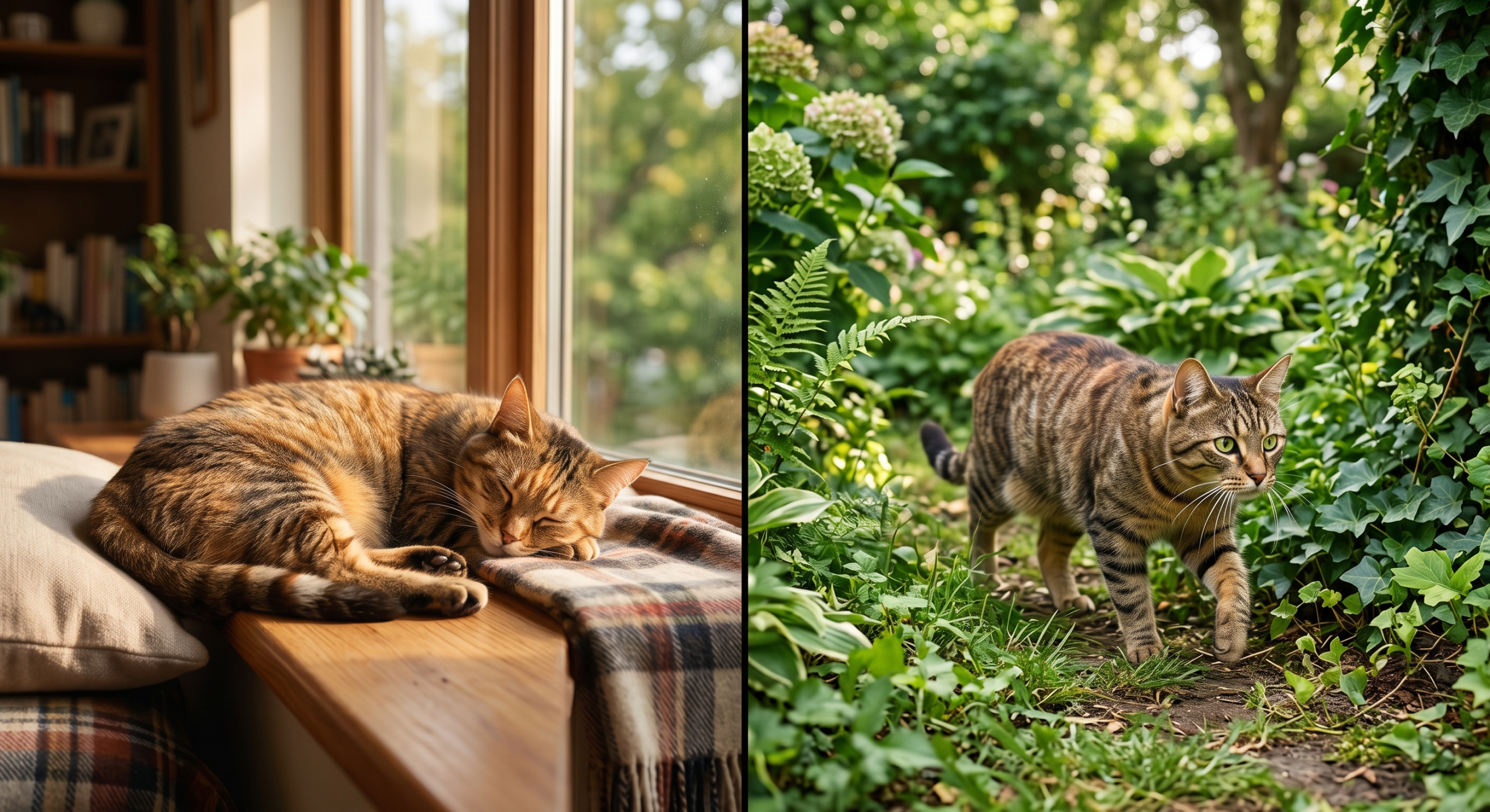 Indoor vs outdoor cats comparison showing a cat resting by a window and a cat exploring a garden.