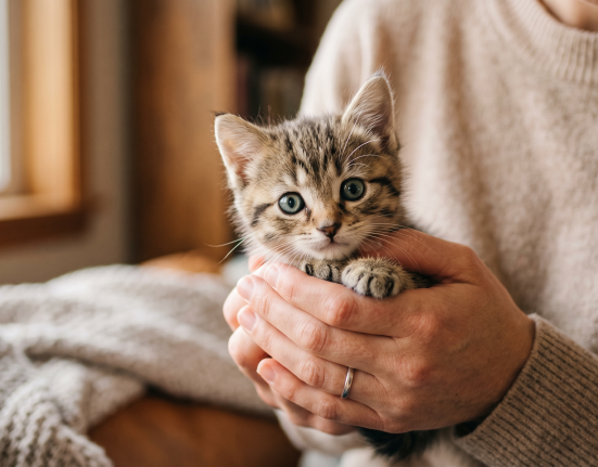 A person gently holding a small cute cat in their hands for a new kitten guide.