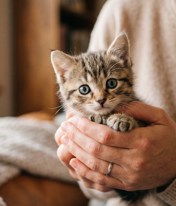 A person gently holding a small cute cat in their hands for a new kitten guide.