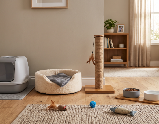 A cozy, sunlit room set up with essential supplies for a Newly Adopted Cat, including a soft bed, covered litter box, scratching post, toys, and food bowls on a wooden floor.
