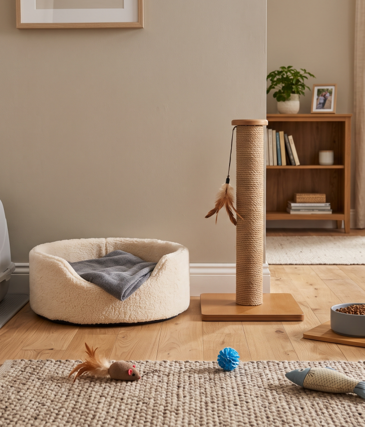 A cozy, sunlit room set up with essential supplies for a Newly Adopted Cat, including a soft bed, covered litter box, scratching post, toys, and food bowls on a wooden floor.