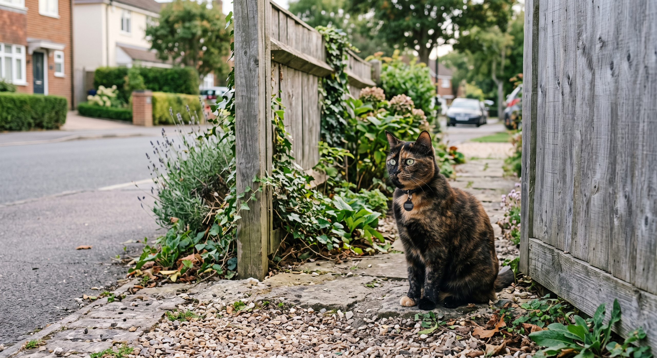 Outdoor cat exploring near a fence, showing common outdoor cat safety risks.