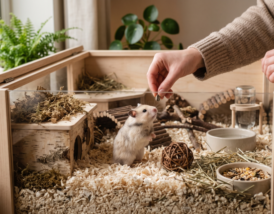 A close-up view of a person in a brown sweater feeding a treat to a small, gray-and-white hamster inside its detailed wooden and glass enclosure, which is filled with bedding, a hideout, and other naturalistic items. Potted plants are in the background.