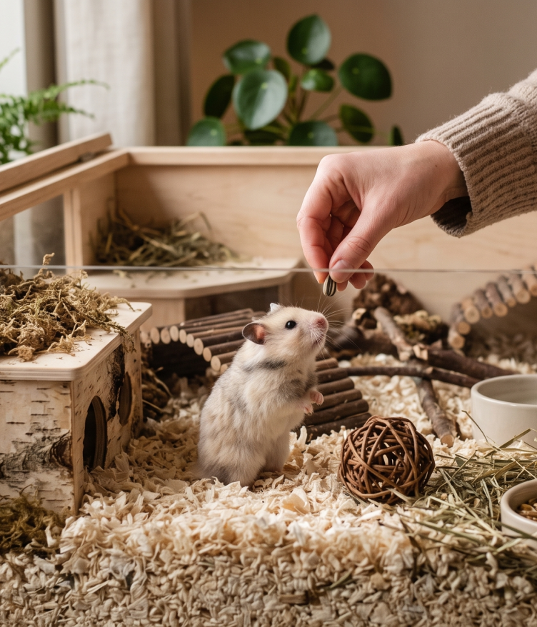 A close-up view of a person in a brown sweater feeding a treat to a small, gray-and-white hamster inside its detailed wooden and glass enclosure, which is filled with bedding, a hideout, and other naturalistic items. Potted plants are in the background.