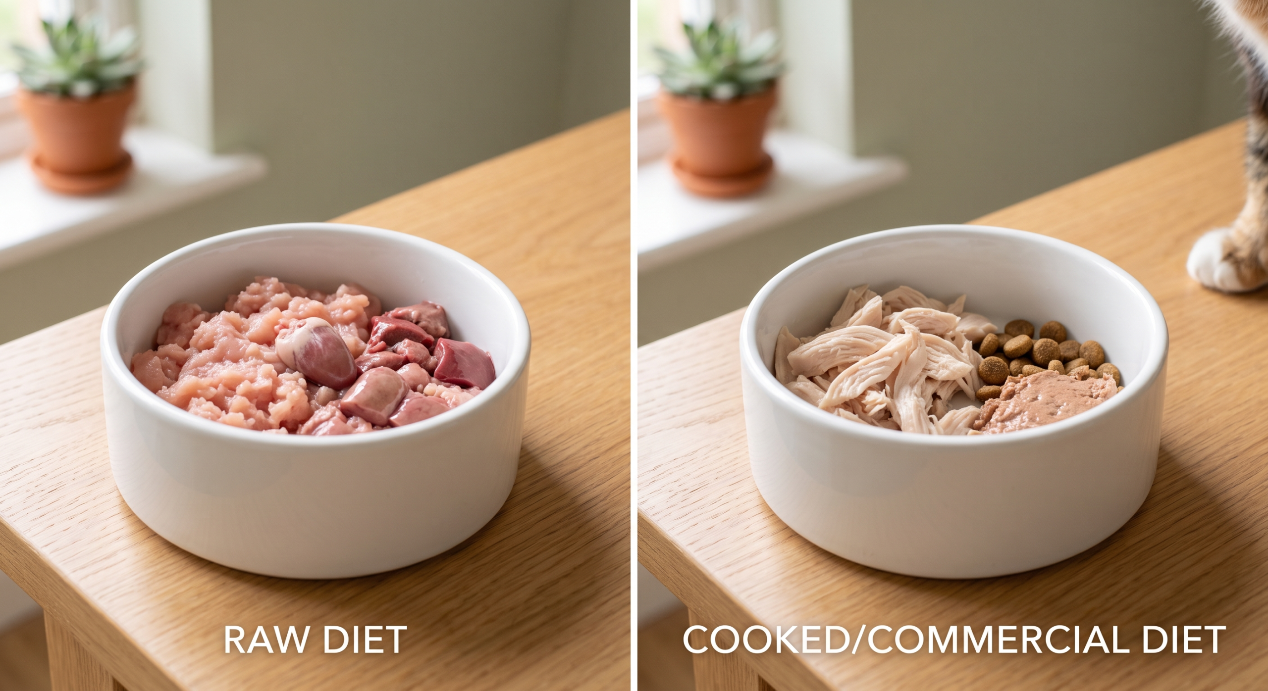 A side-by-side comparison of two cat food types: raw diet meat vs. cooked/commercial meat and kibble.