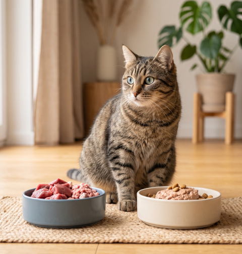 A tabby cat sits between two bowls of food: one with raw meat and one with commercial wet food, representing Raw vs. Cooked Cat Food.