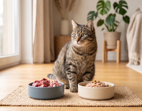 A tabby cat sits between two bowls of food: one with raw meat and one with commercial wet food, representing Raw vs. Cooked Cat Food.