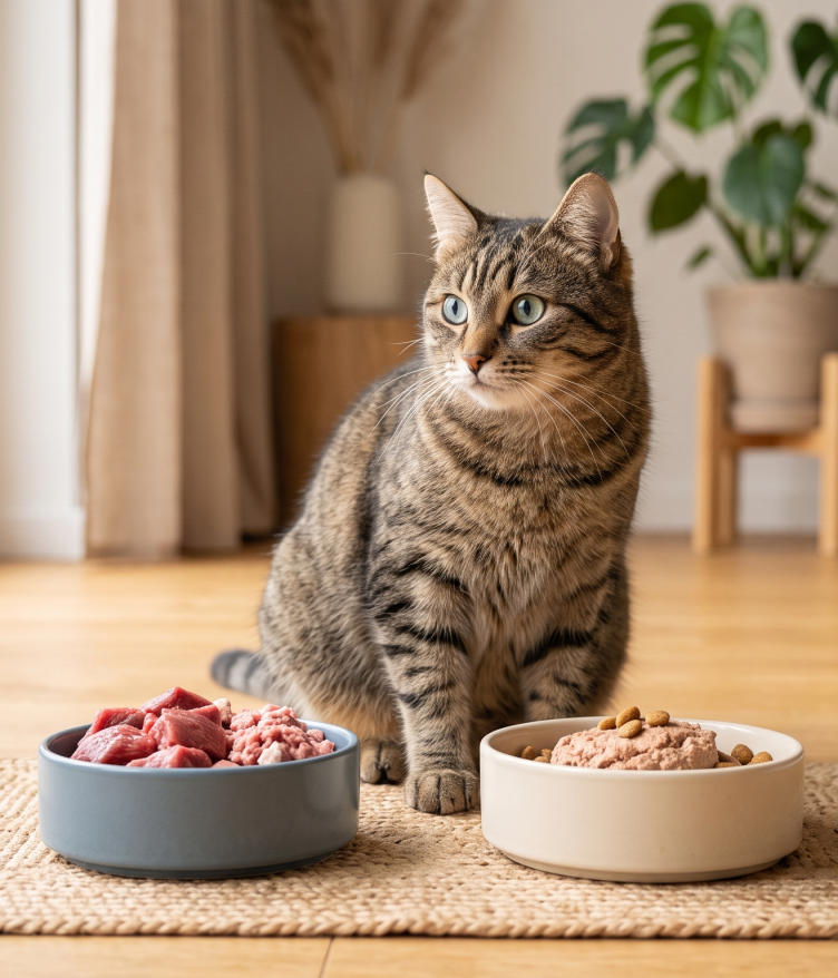 A tabby cat sits between two bowls of food: one with raw meat and one with commercial wet food, representing Raw vs. Cooked Cat Food.