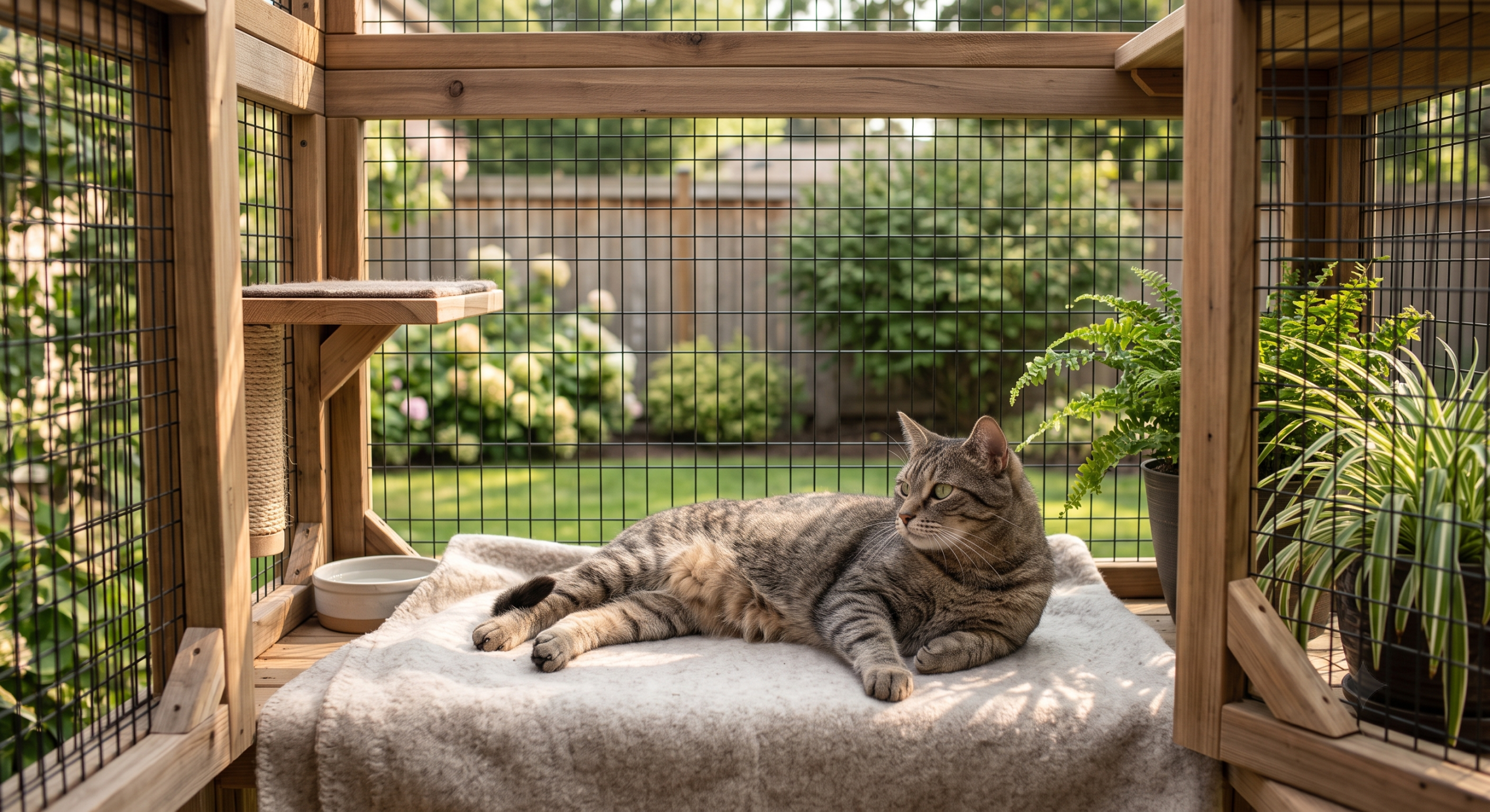 Cat relaxing in a catio as a safe middle-ground option for indoor and outdoor living.