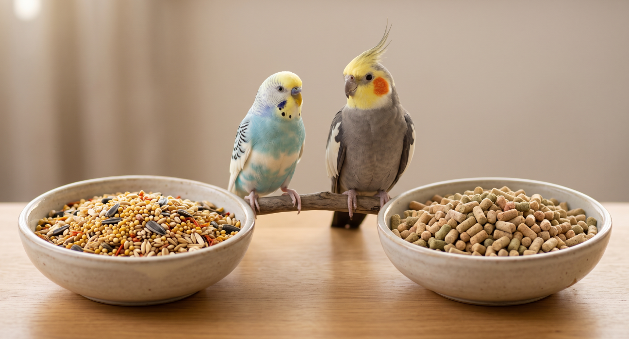 A light blue budgie and a grey cockatiel perched on a branch between a bowl of mixed bird seeds and a bowl of formulated bird pellets, illustrating a bird diet comparison.