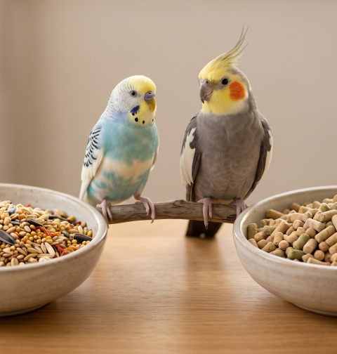 A light blue budgie and a grey cockatiel perched on a branch between a bowl of mixed bird seeds and a bowl of formulated bird pellets, illustrating a bird diet comparison.