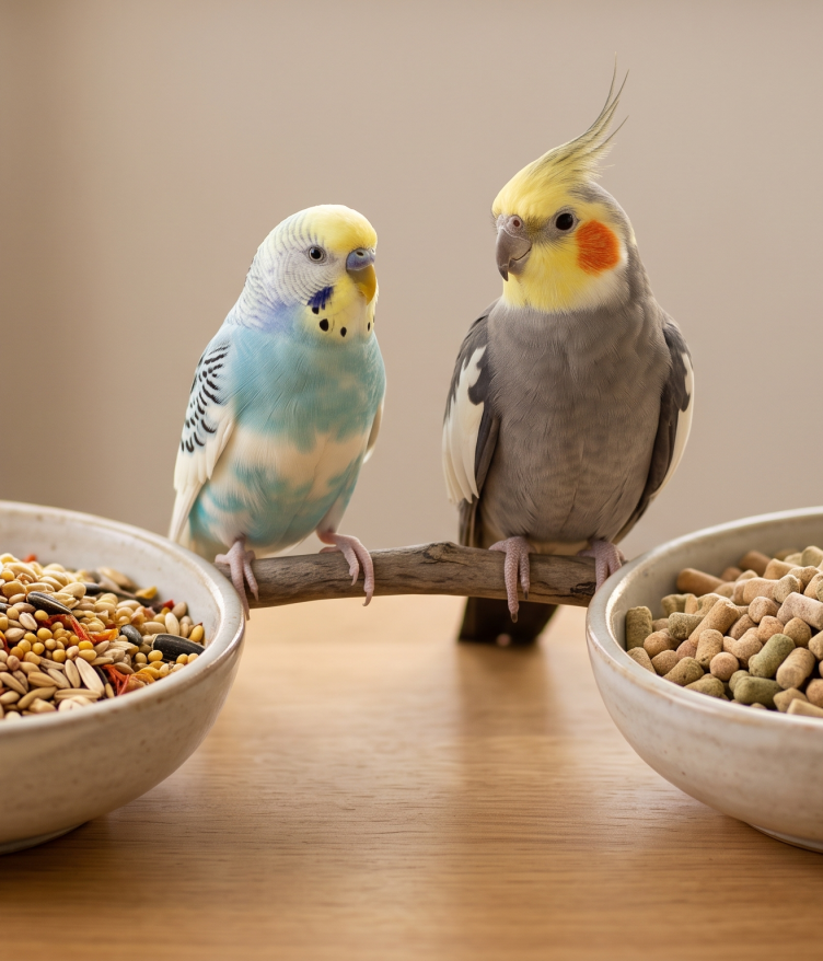 A light blue budgie and a grey cockatiel perched on a branch between a bowl of mixed bird seeds and a bowl of formulated bird pellets, illustrating a bird diet comparison.