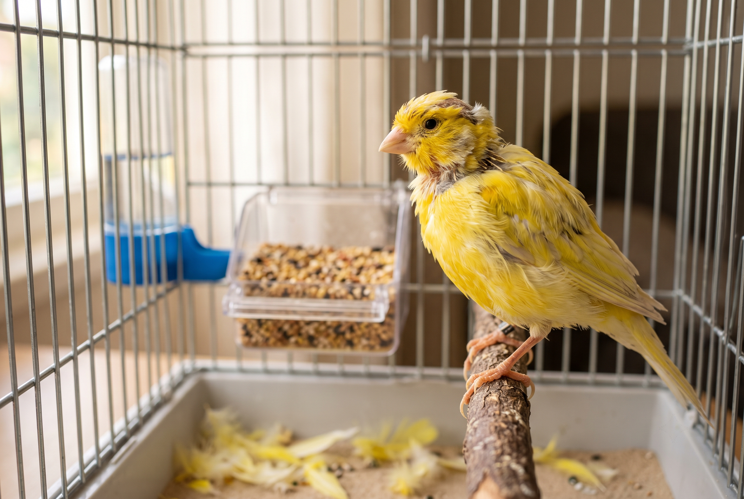Canary molting with dropped feathers, a common reason a canary stops singing.