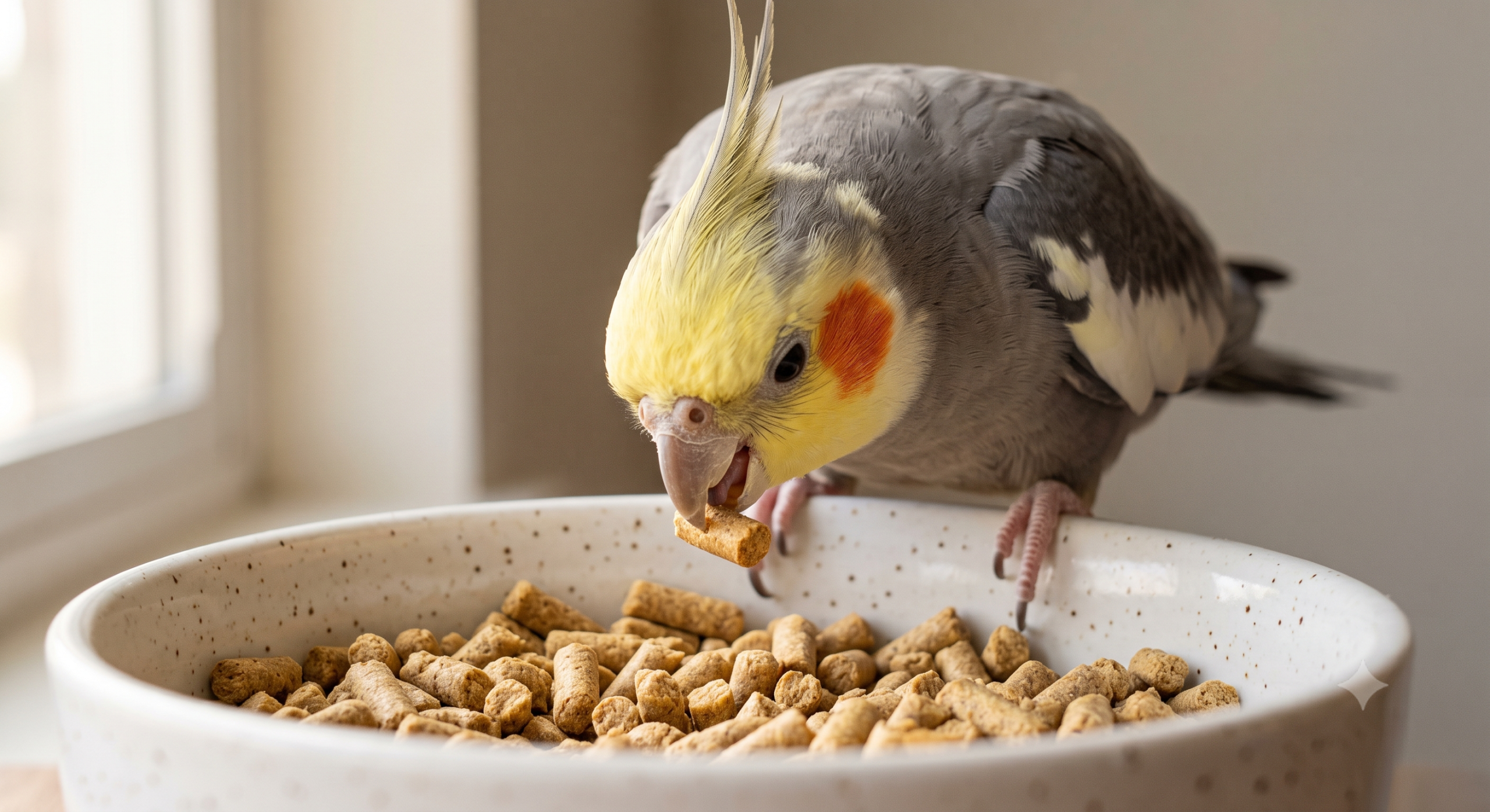 Cockatiel eating formulated bird pellets from a ceramic bowl.