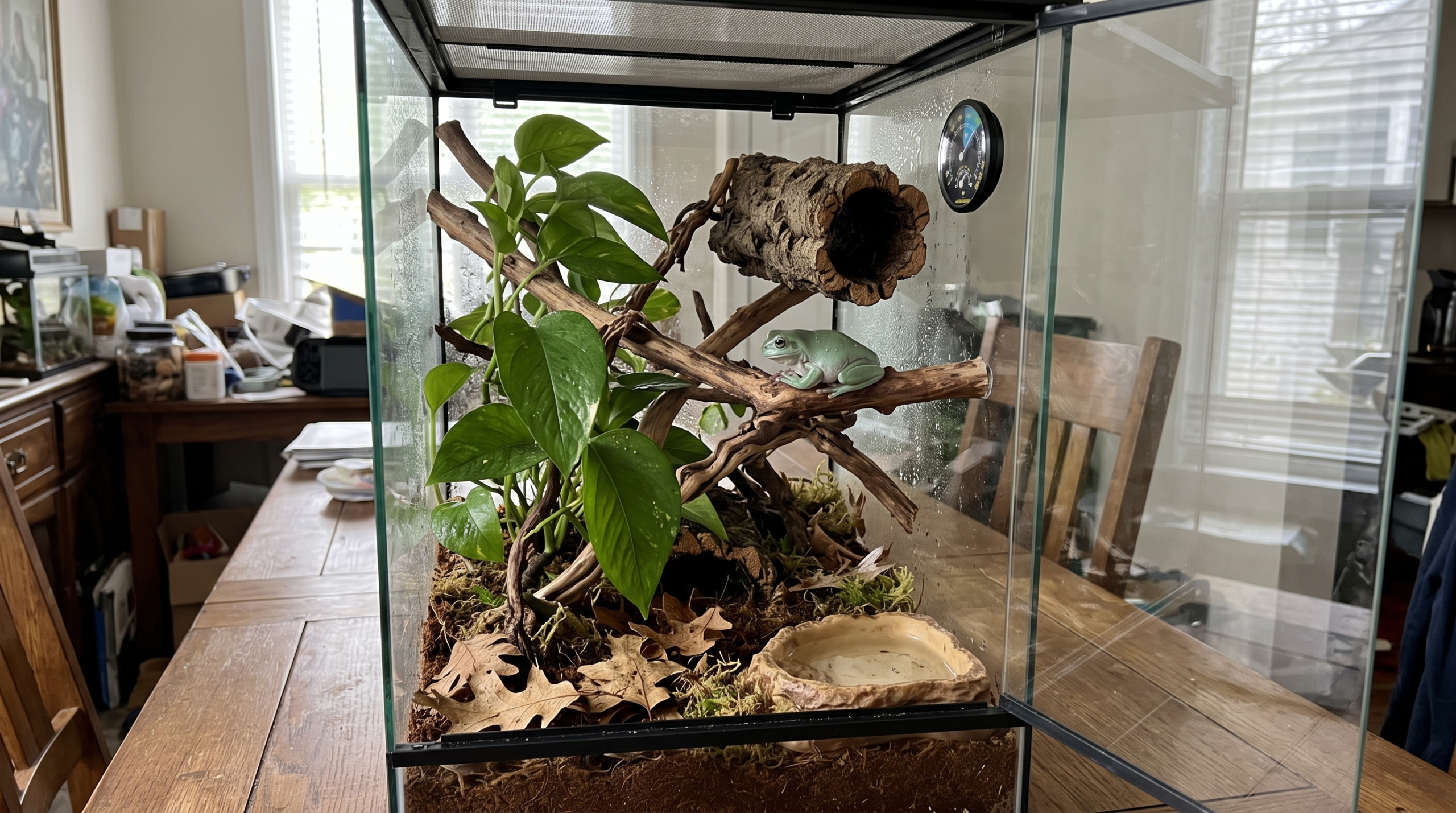 An example of a naturalistic White's tree frog habitat, featuring essential climbing branches, live foliage, an elevated hide, and moist substrate to mimic their tropical environment.