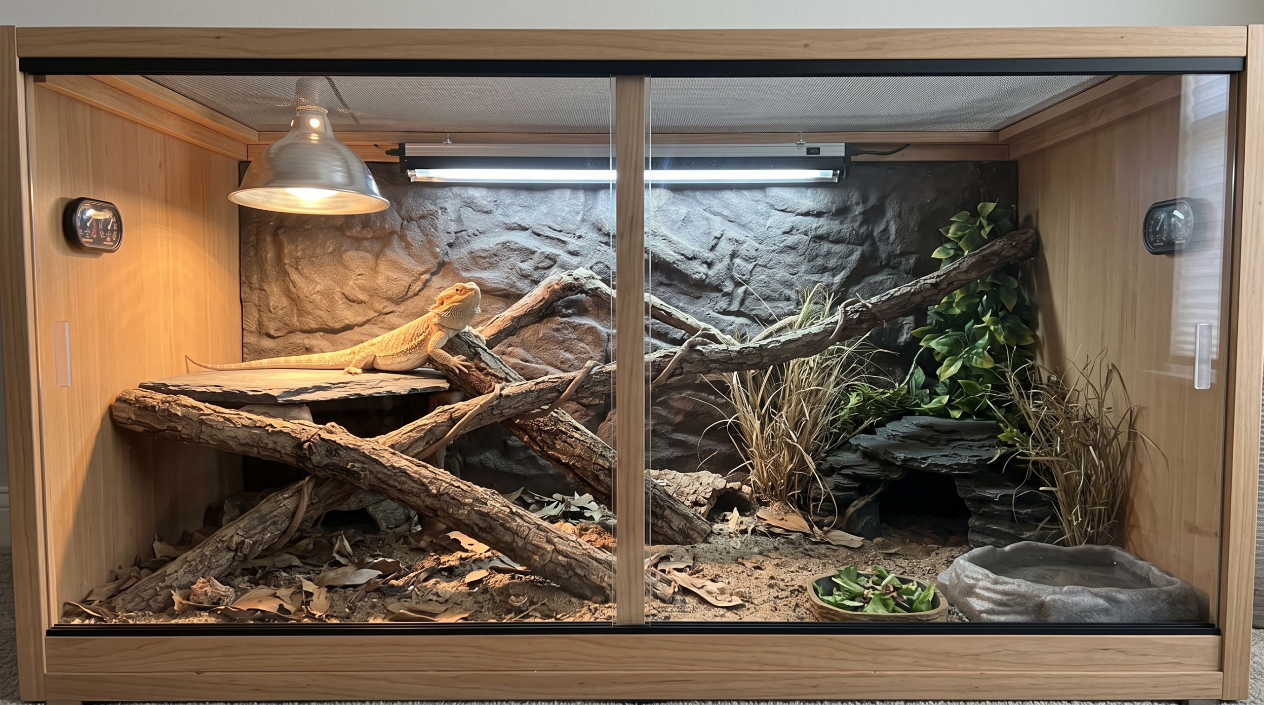 A well-organized bearded dragon care enclosure with slate tile substrate, secure hides, and climbing branches.