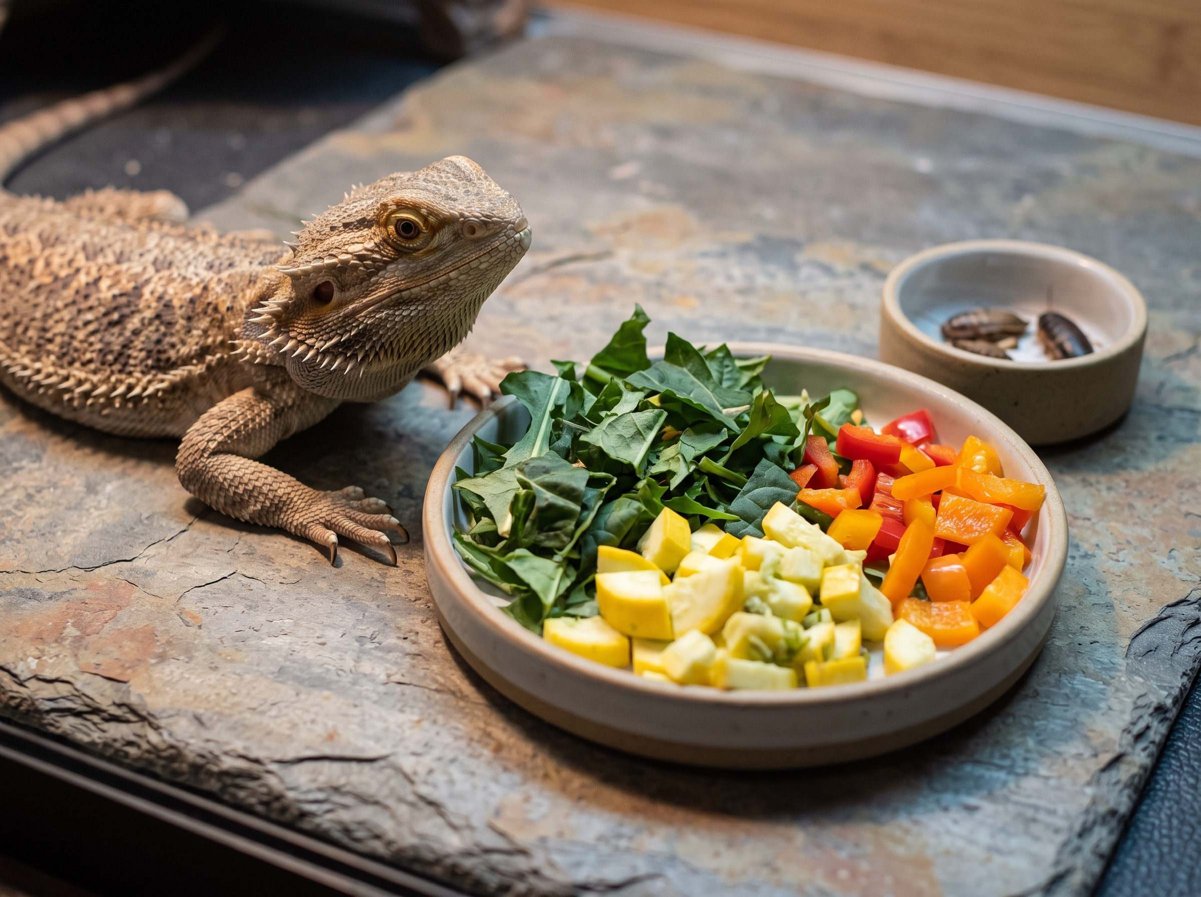 A balanced bearded dragon diet selection featuring fresh leafy greens, squash, and dusted feeder insects.
